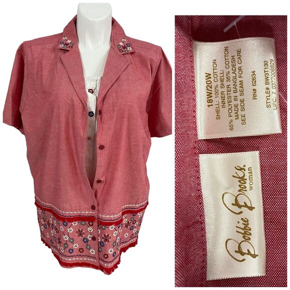 Bobbie Brooks Shirt Womens Size 20W Red 2X Embroidered Floral Work Office Casual - Picture 1 of 16